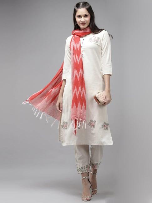 yufta white embroidered kurta with pant & dupatta