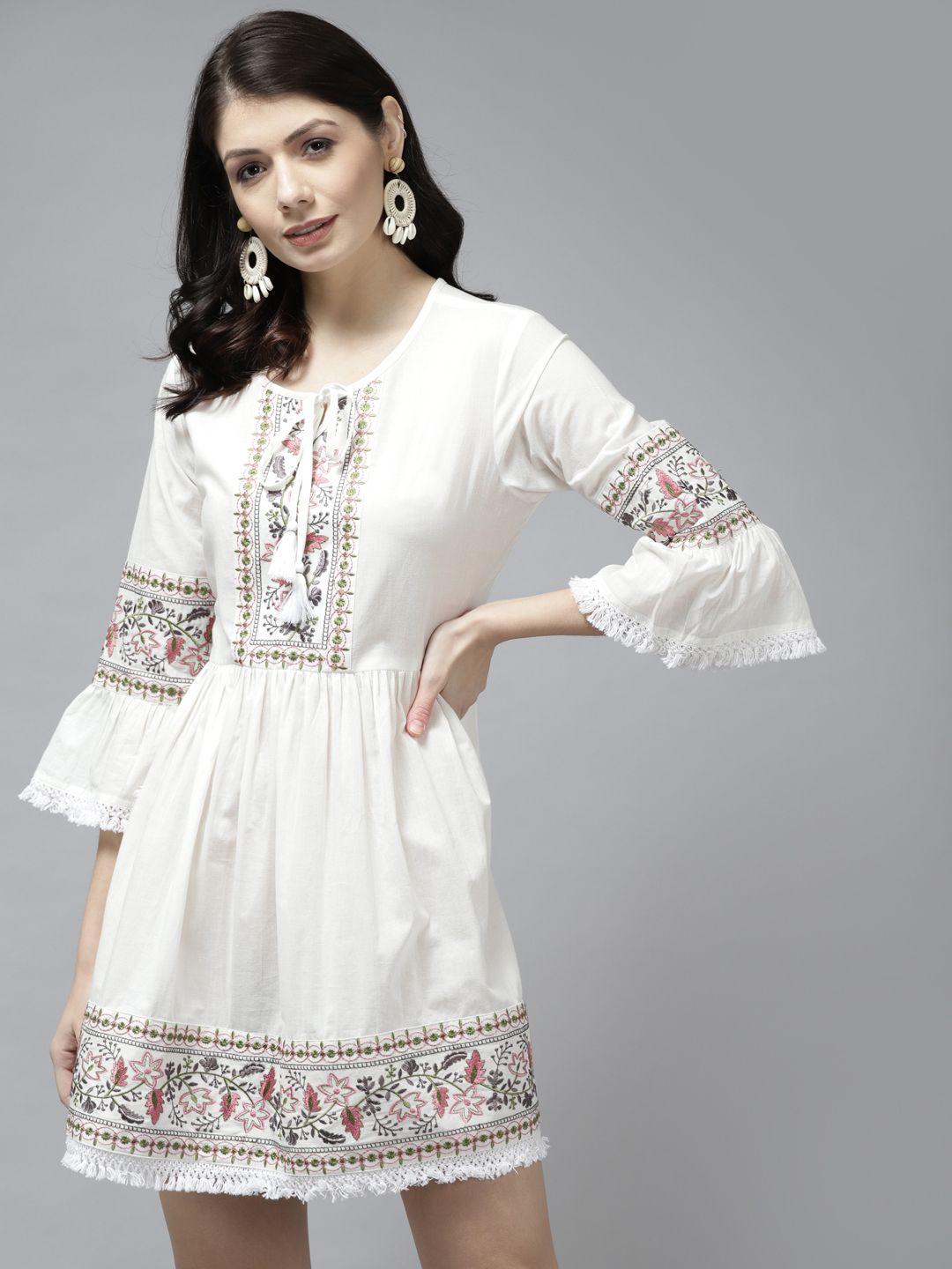 yufta white ethnic motifs embroidered cotton ethnic dress