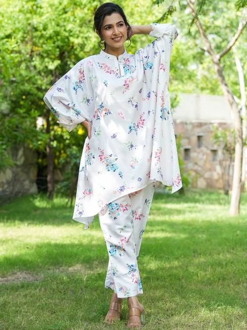 yufta white floral print kurta pant set