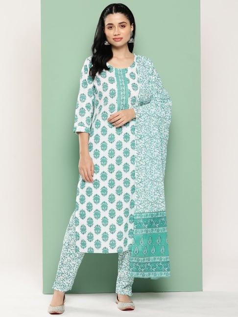 yufta white floral print kurta with pant & dupatta