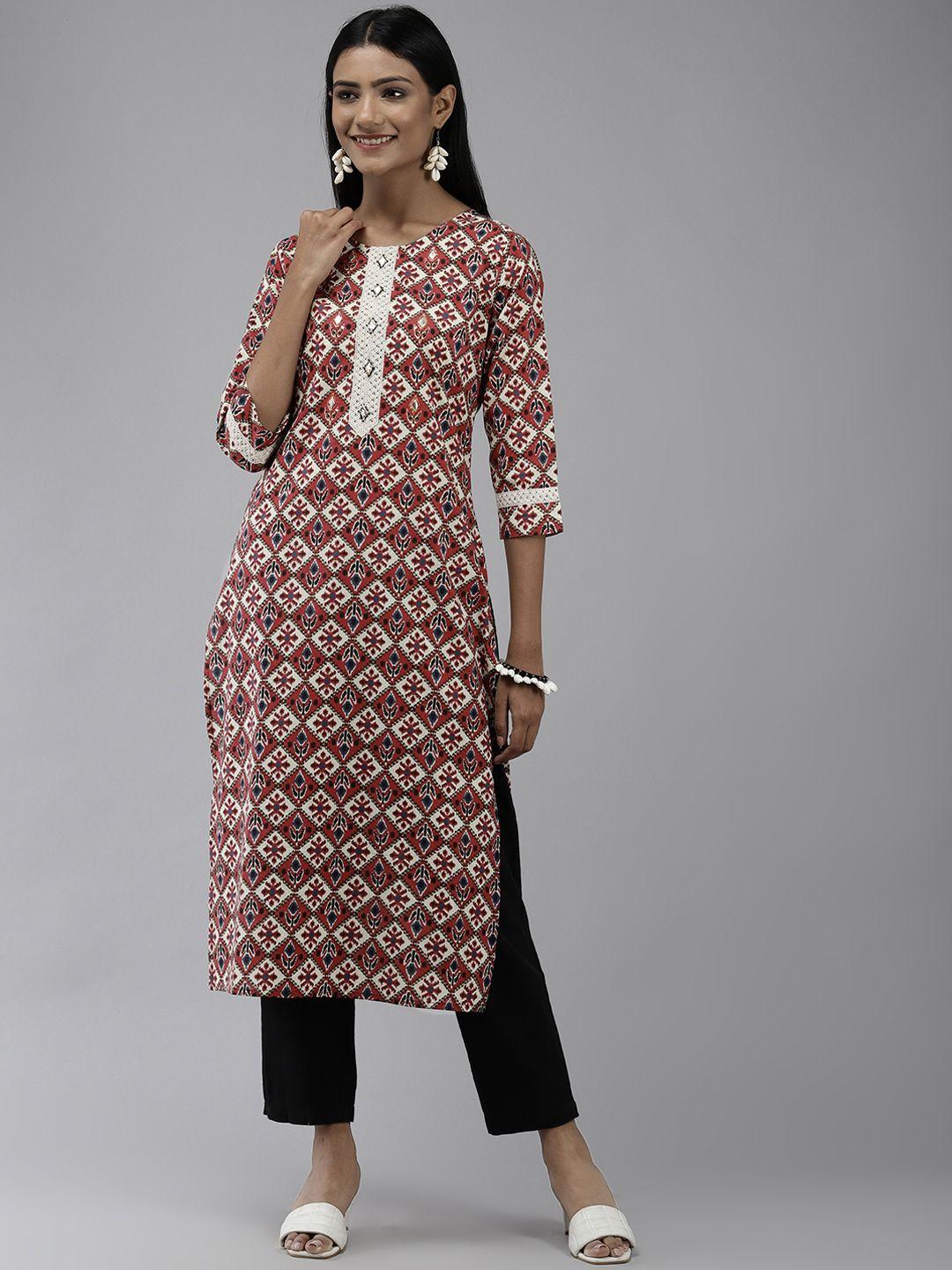 yufta women beige & maroon ethnic motifs printed cotton indie prints kurta