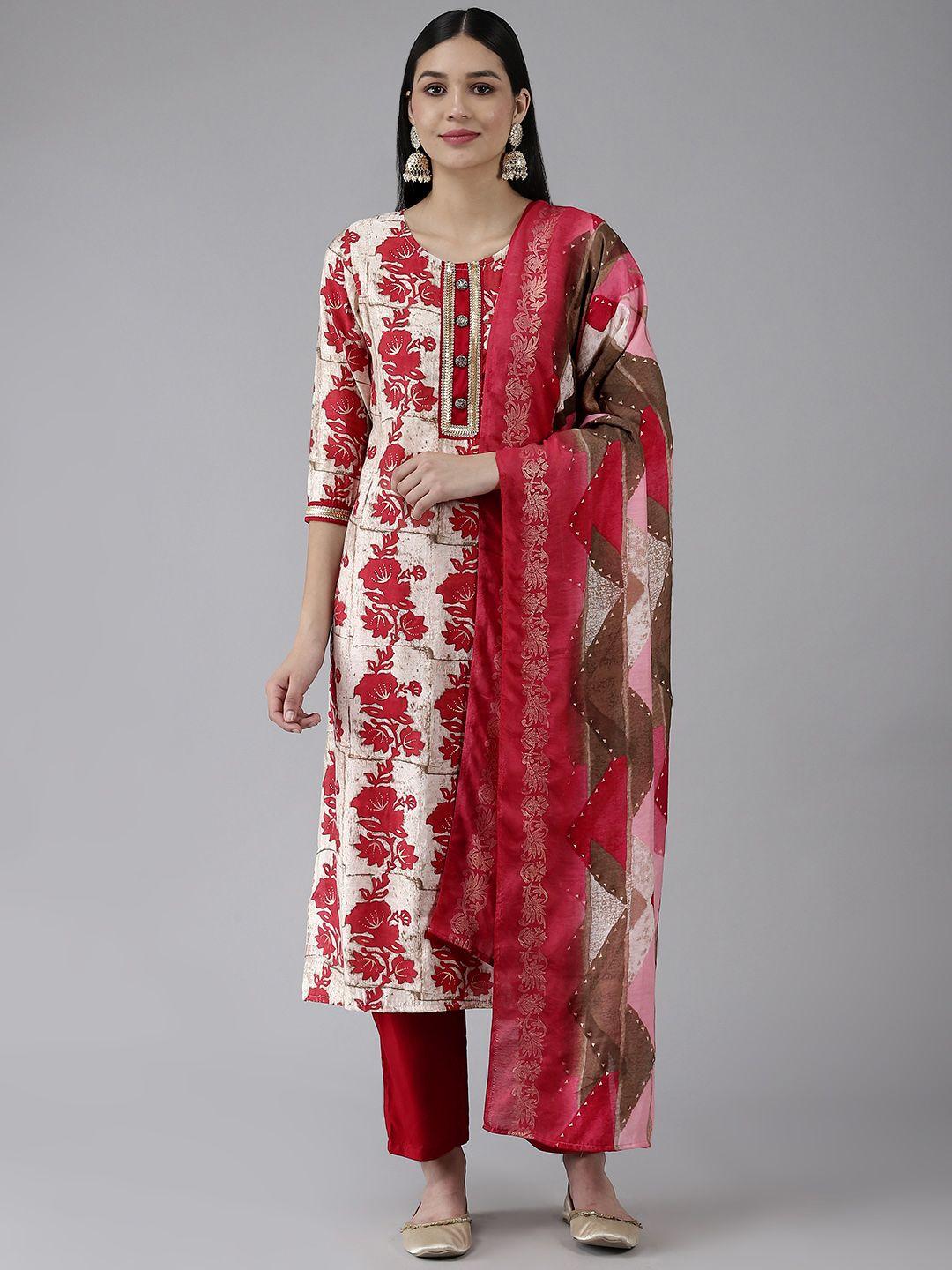 yufta women beige & red floral printed kurta with trousers & dupatta