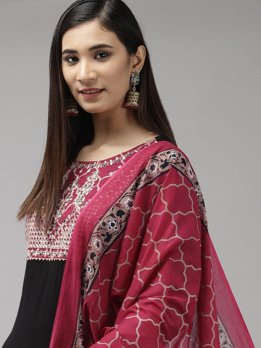 yufta women black & pink ethnic motifs yoke design kurta with palazzos & with dupatta