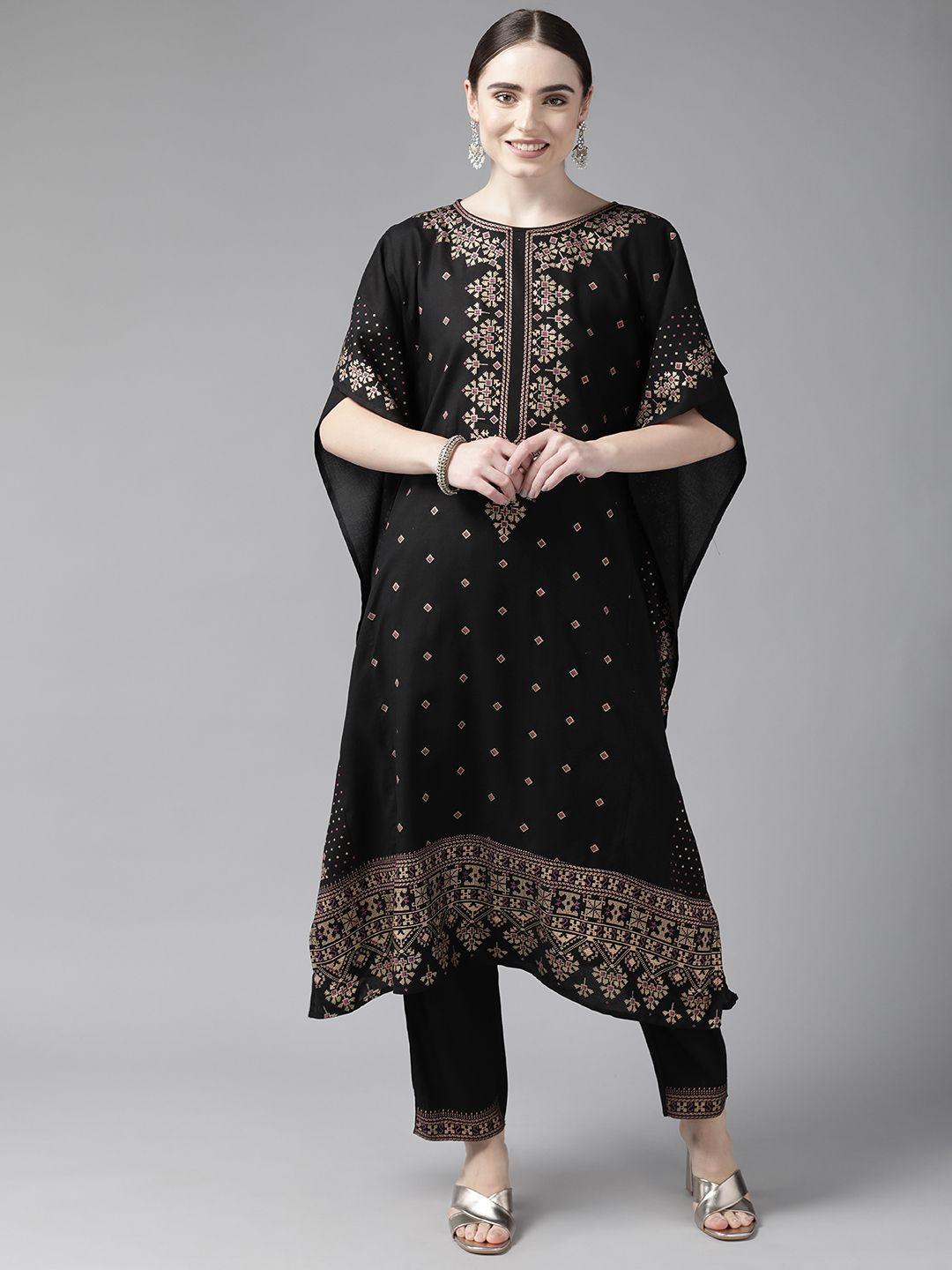 yufta women black printed kaftan kurta with trousers