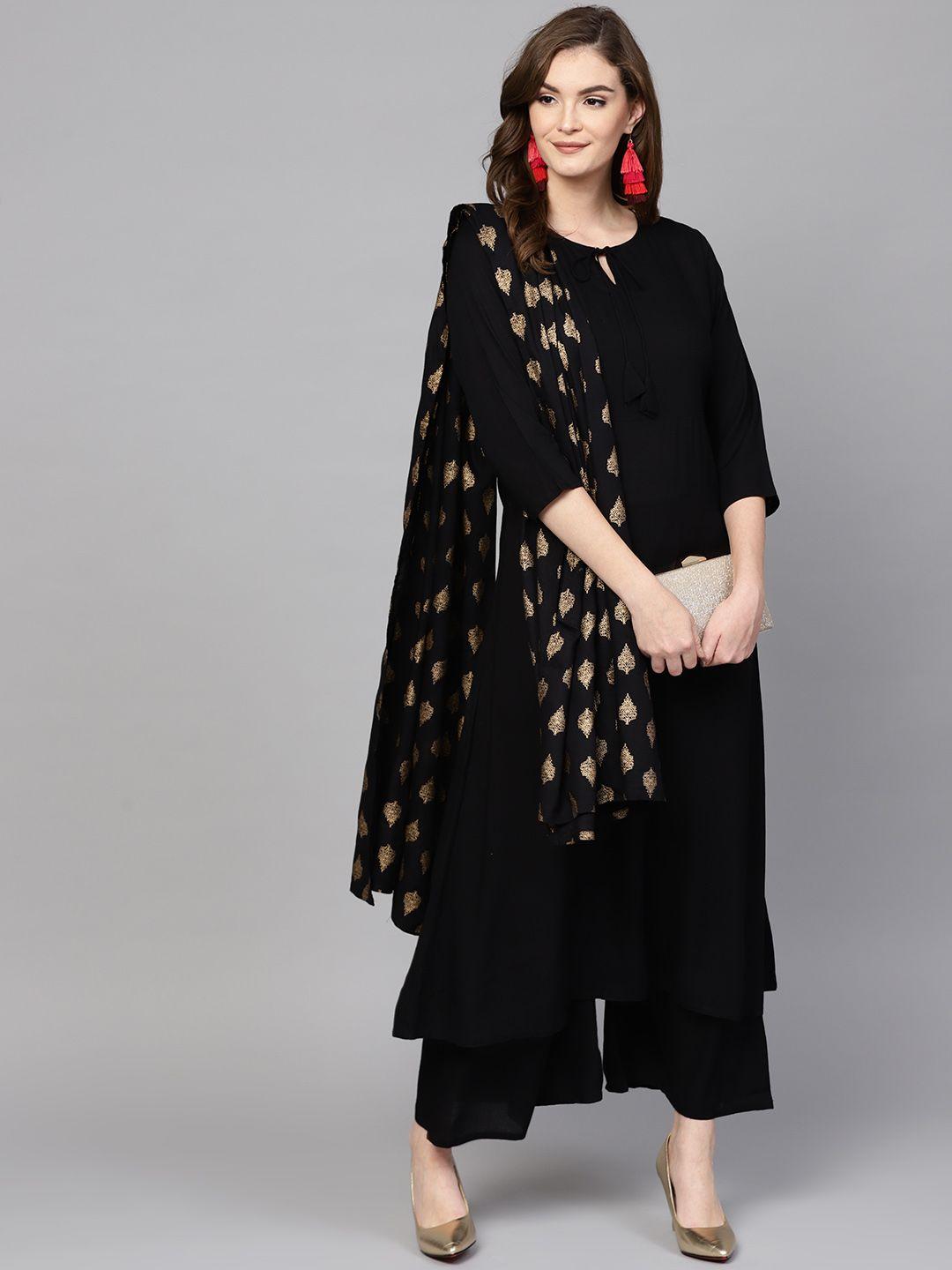 yufta women black solid kurta with palazzos & dupatta