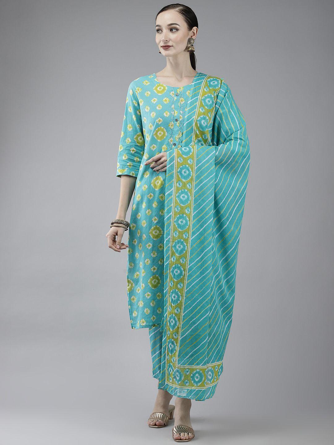 yufta women blue & green printed sequinned pure cotton kurta with trousers & dupatta