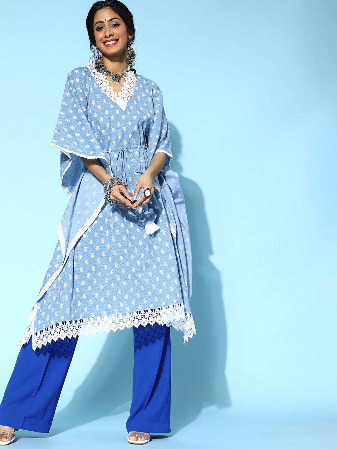 yufta women blue & white printed cotton kaftan kurta