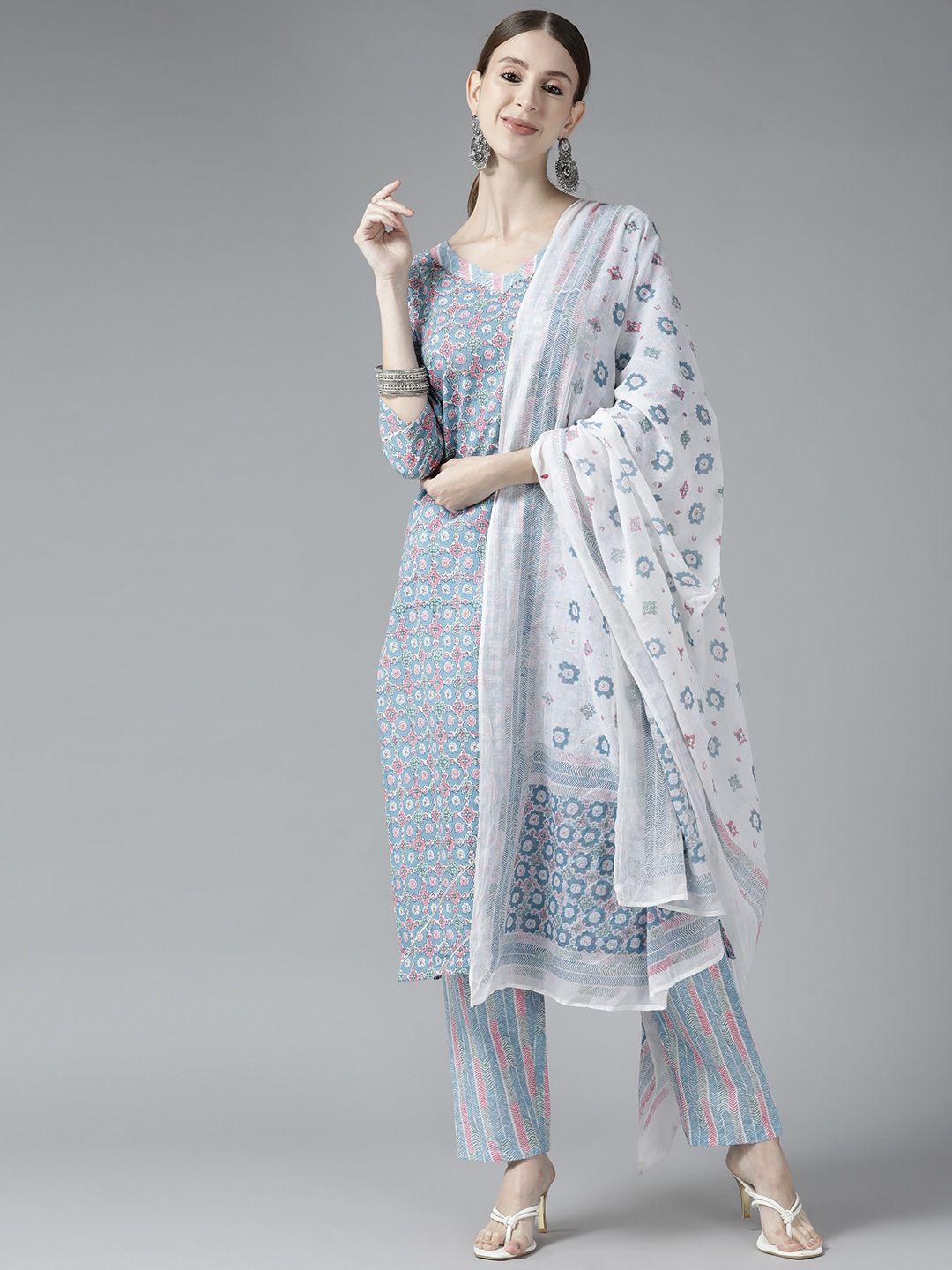 yufta women blue ethnic motifs printed gotta patti pure cotton kurta with trousers & with dupatta