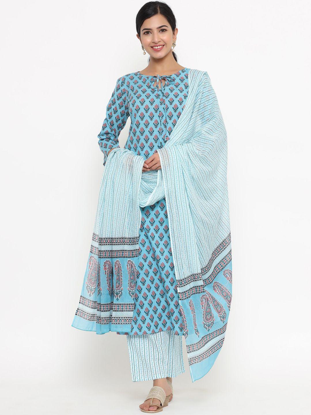 yufta women blue ethnic motifs yoke design pleated pure cotton kurta with palazzos & with dupatta