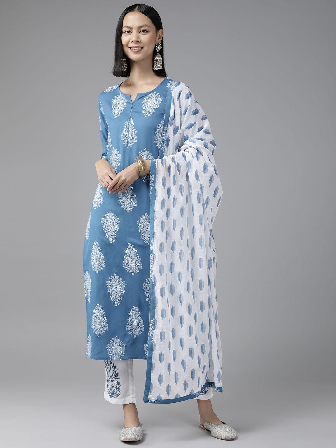yufta women blue paisley printed kurta with trousers & dupatta