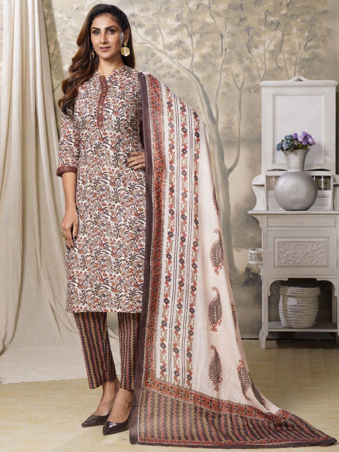 yufta women brown ethnic motifs printed pure cotton kurta with trousers & with dupatta
