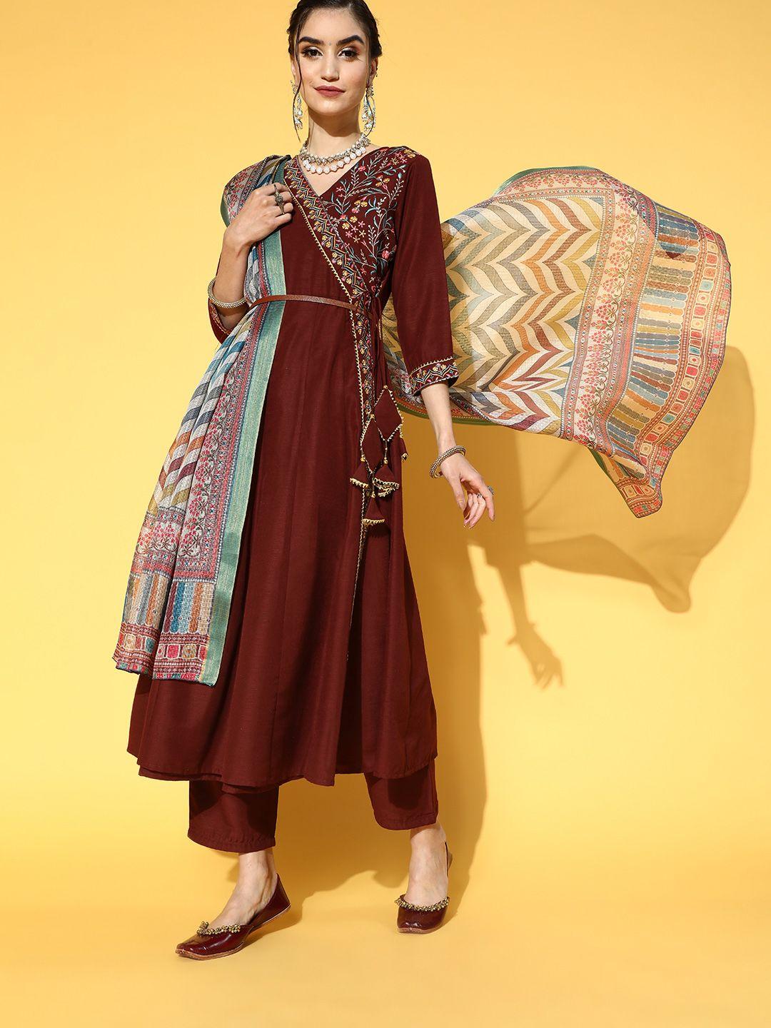 yufta women brown floral yokedesign embroidered angrakha kurta set & digital print dupatta