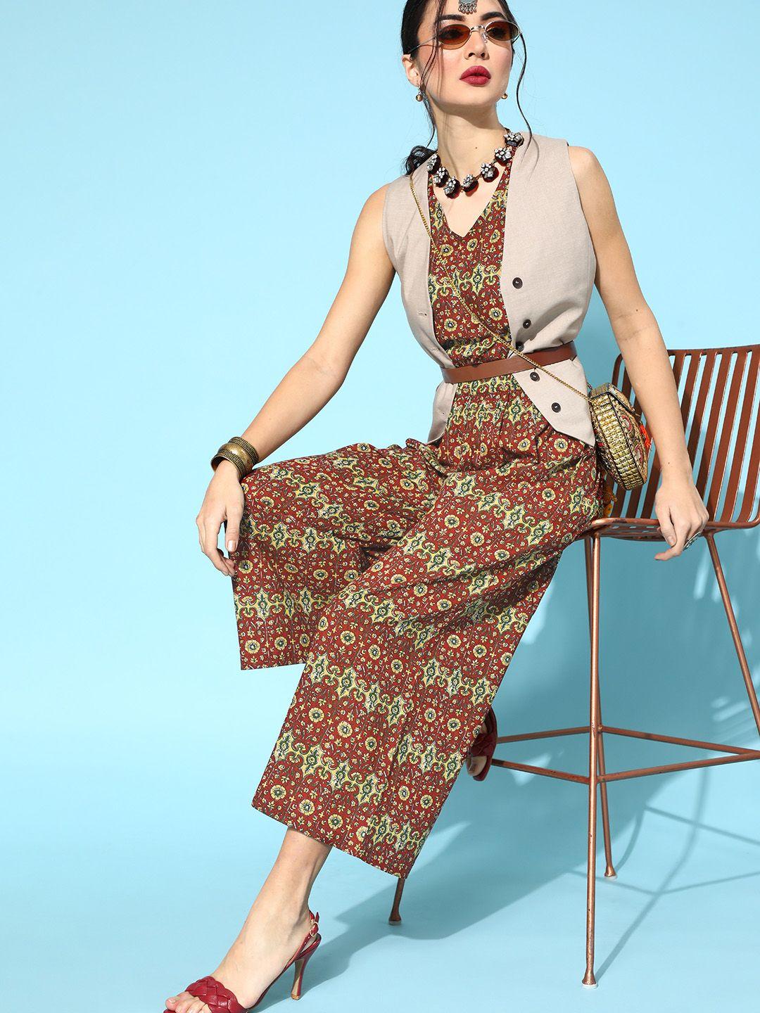 yufta women charming maroon printed ethnic jumpsuit