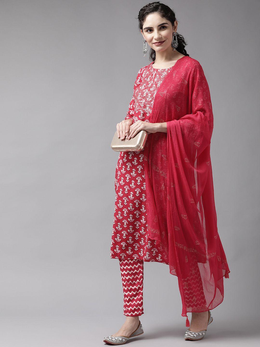 yufta women coral pink & white block print sequinned kurta with trousers & dupatta