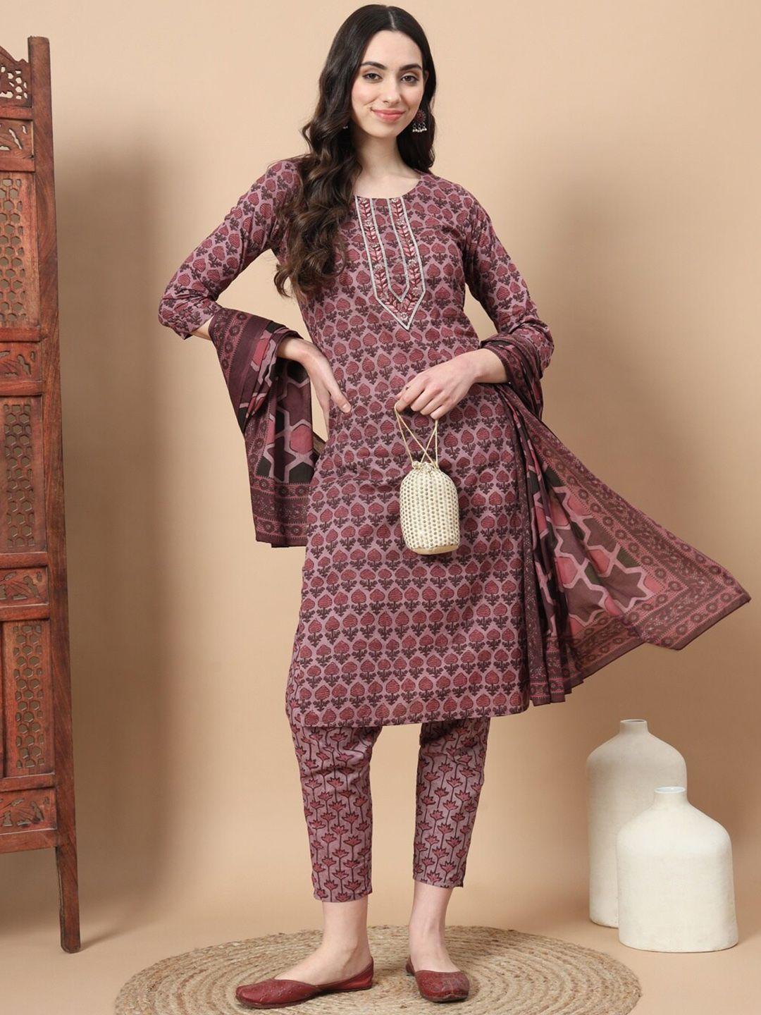 yufta women ethnic motifs printed pure cotton kurta with trousers & with dupatta