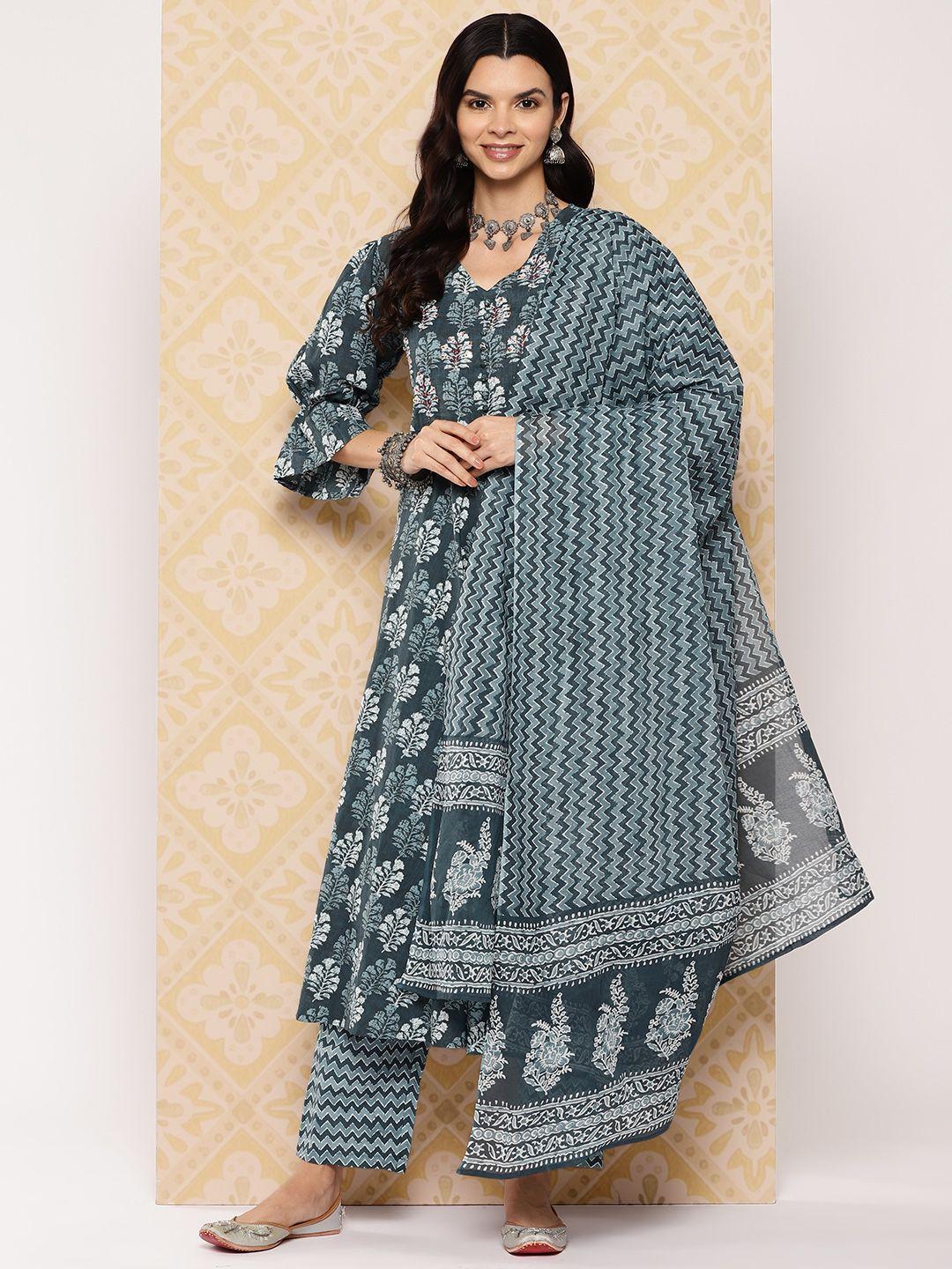 yufta women ethnic motifs printed regular pure cotton kurta with trousers & with dupatta