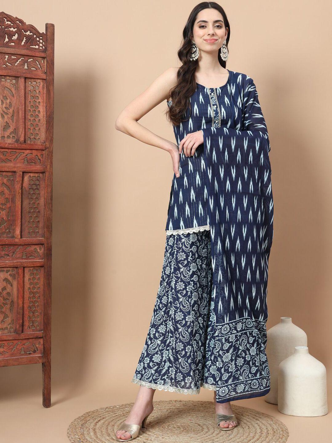 yufta women ethnic motifs printed regular pure cotton kurti with palazzos & with dupatta