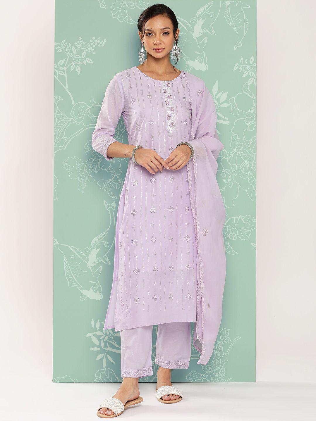 yufta women floral embroidered thread work pure cotton kurta with trousers & with dupatta
