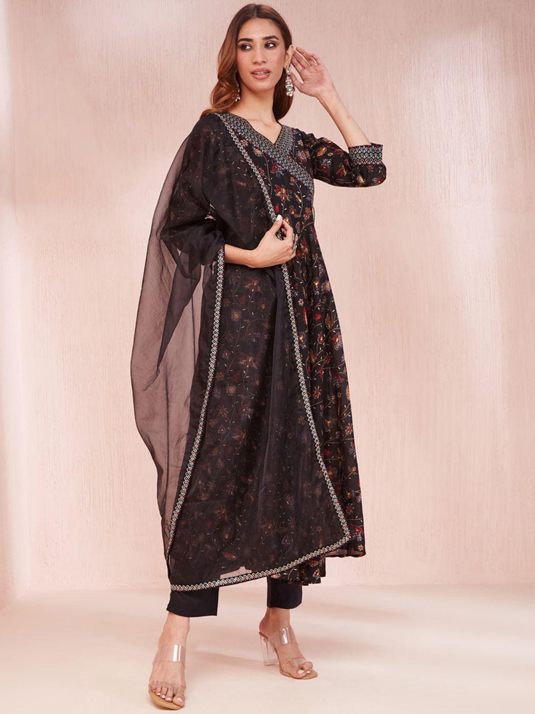 yufta women floral printed angrakha sequinned kurta with trousers & with dupatta