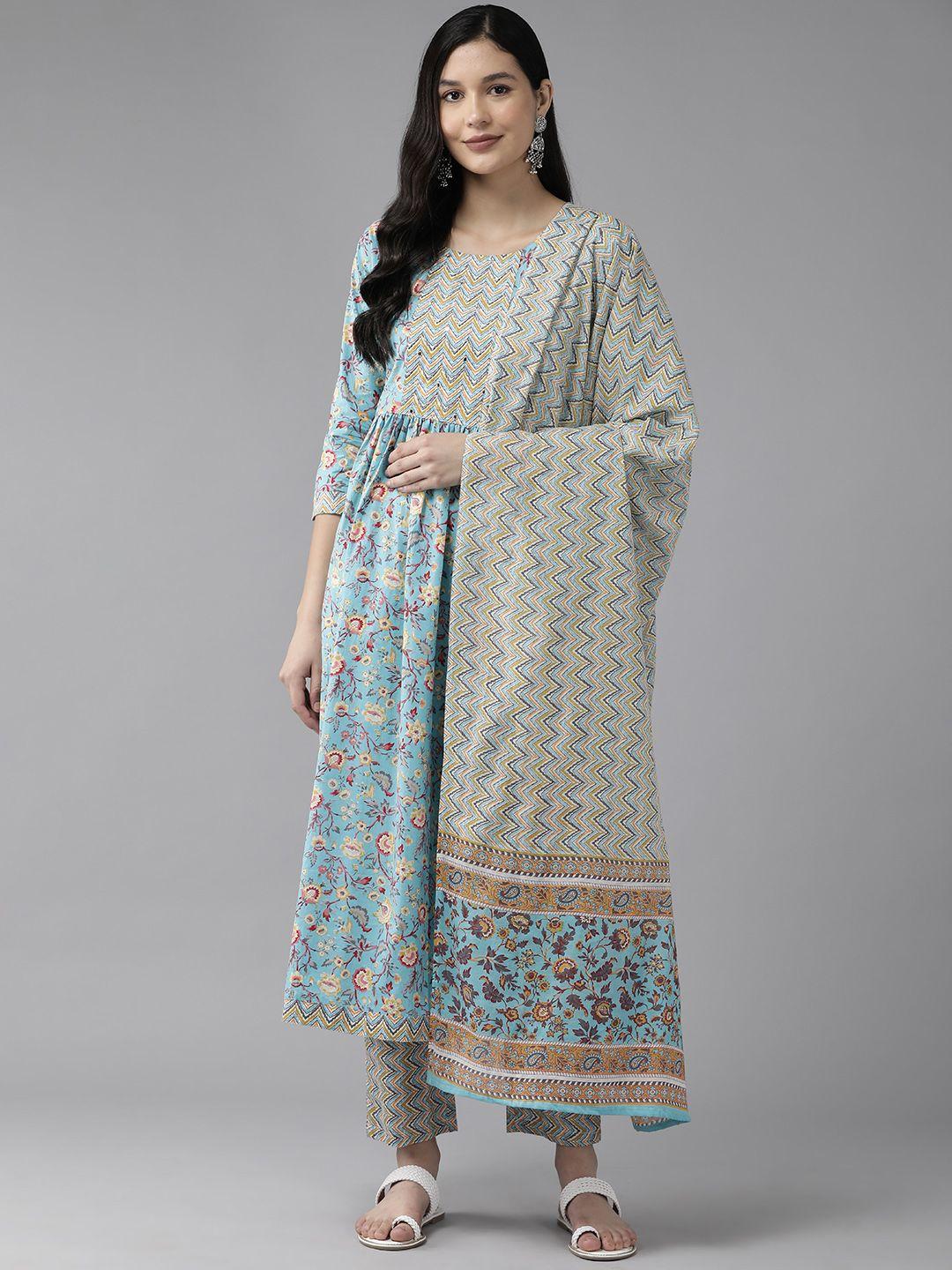 yufta women floral printed beads & stones pure cotton kurta with trousers & with dupatta