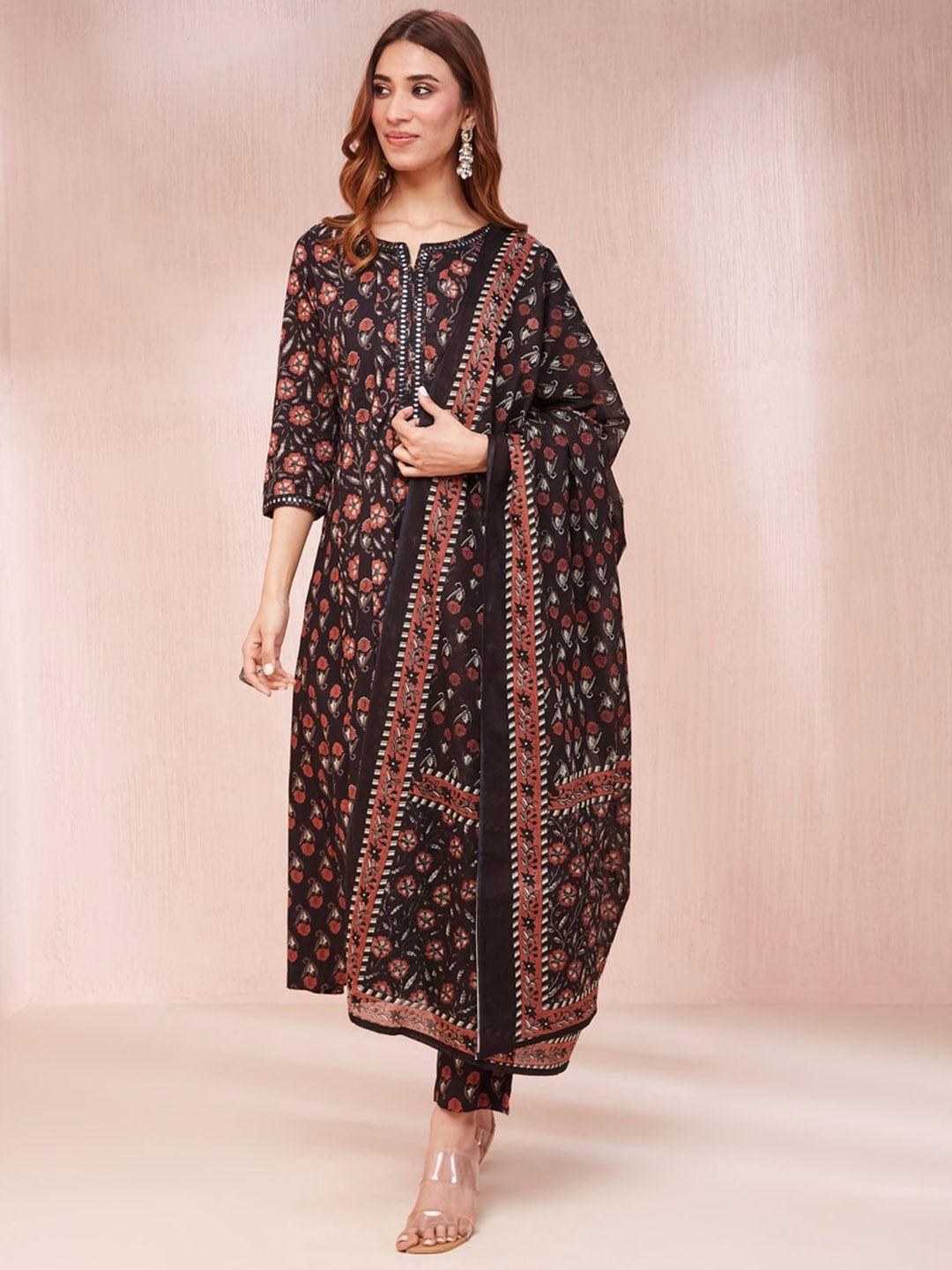 yufta women floral printed regular mirror work pure cotton kurta with trousers & with dupatta