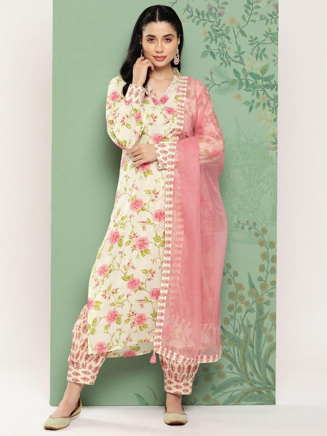 yufta women floral printed regular pure cotton kurta with harem pants & dupatta