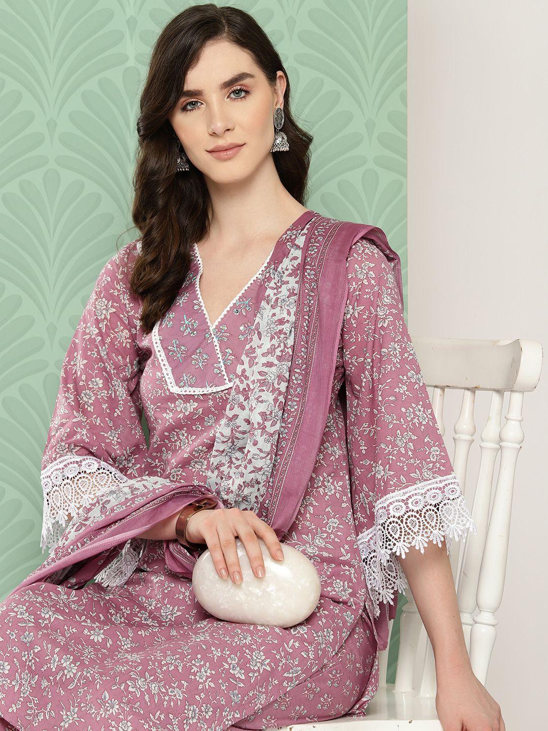 yufta women floral printed regular pure cotton kurta with trousers & with dupatta