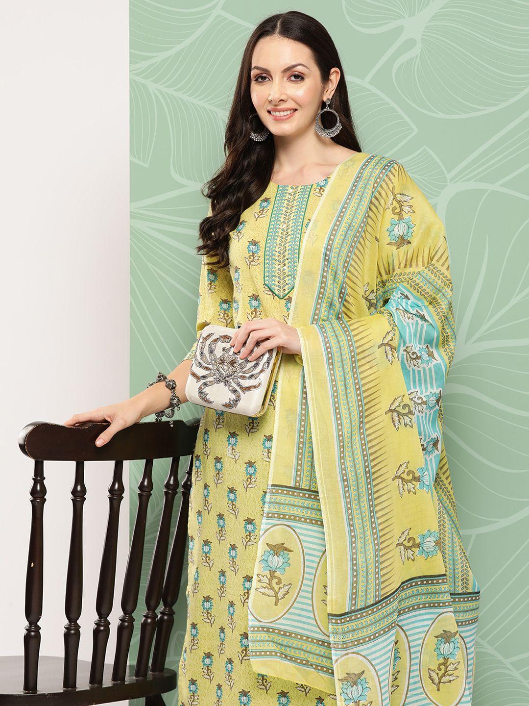 yufta women floral printed regular pure cotton kurta with trousers & with dupatta