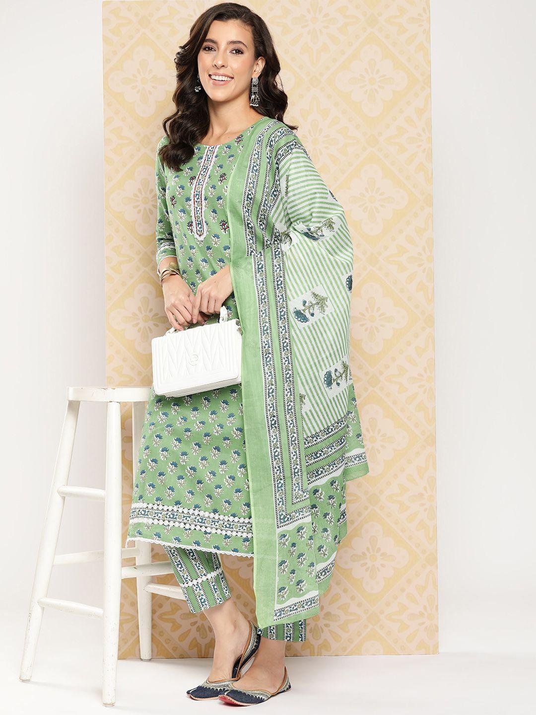 yufta women floral printed regular pure cotton kurta with trousers & with dupatta