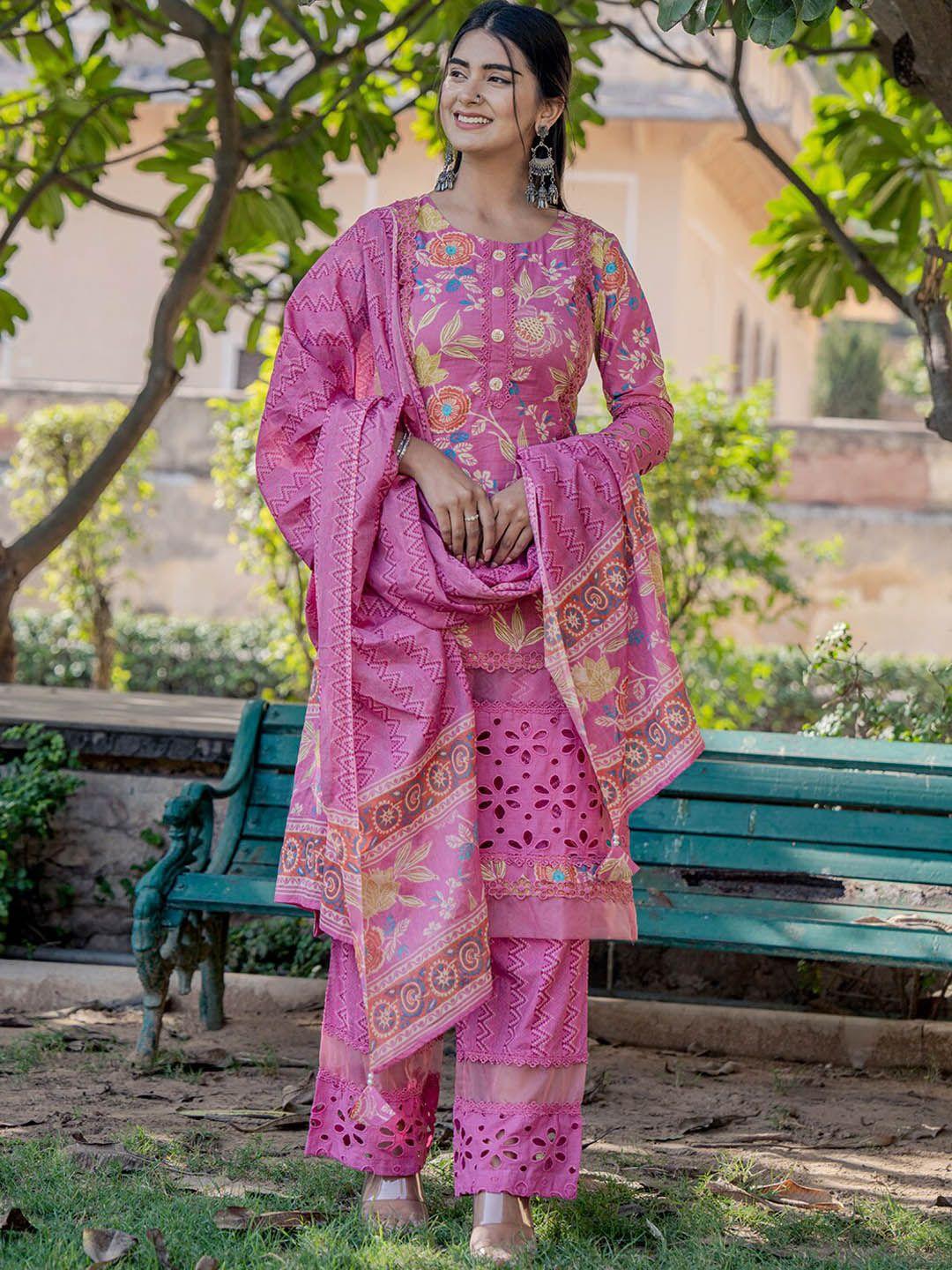 yufta women floral printed regular pure cotton kurta with trousers & with dupatta