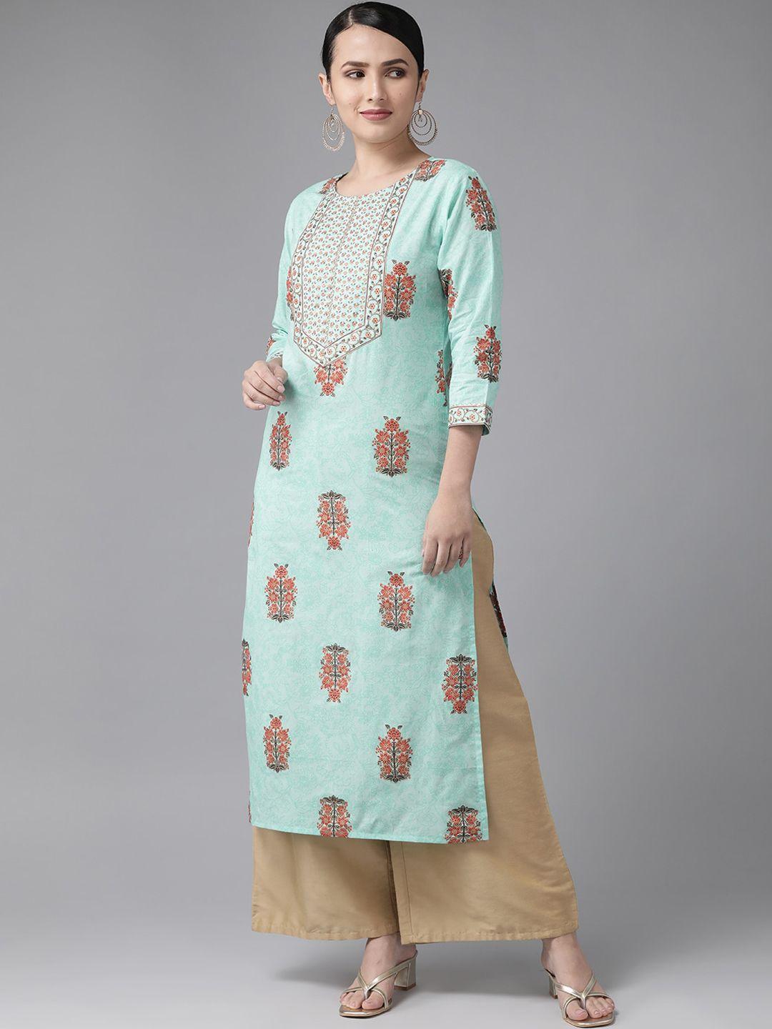 yufta women floral printed thread work pure cotton kurta