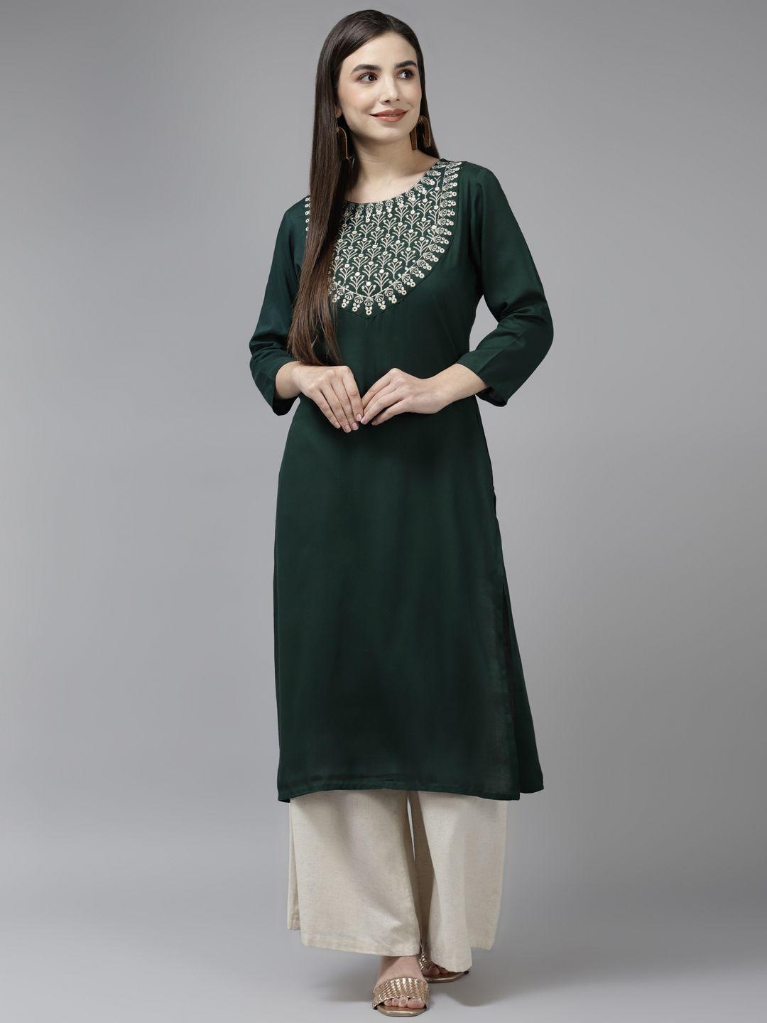 yufta women green & gold ethnic motifs yoke design mirror work straight kurta