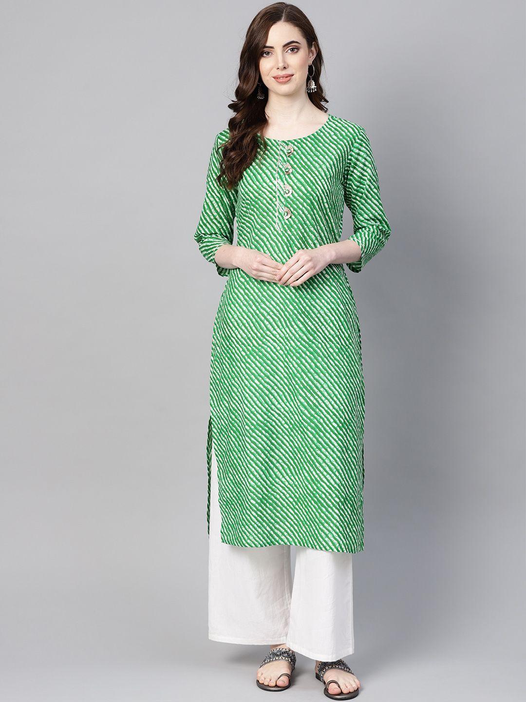 yufta women green & off-white leheriya dyed straight kurta