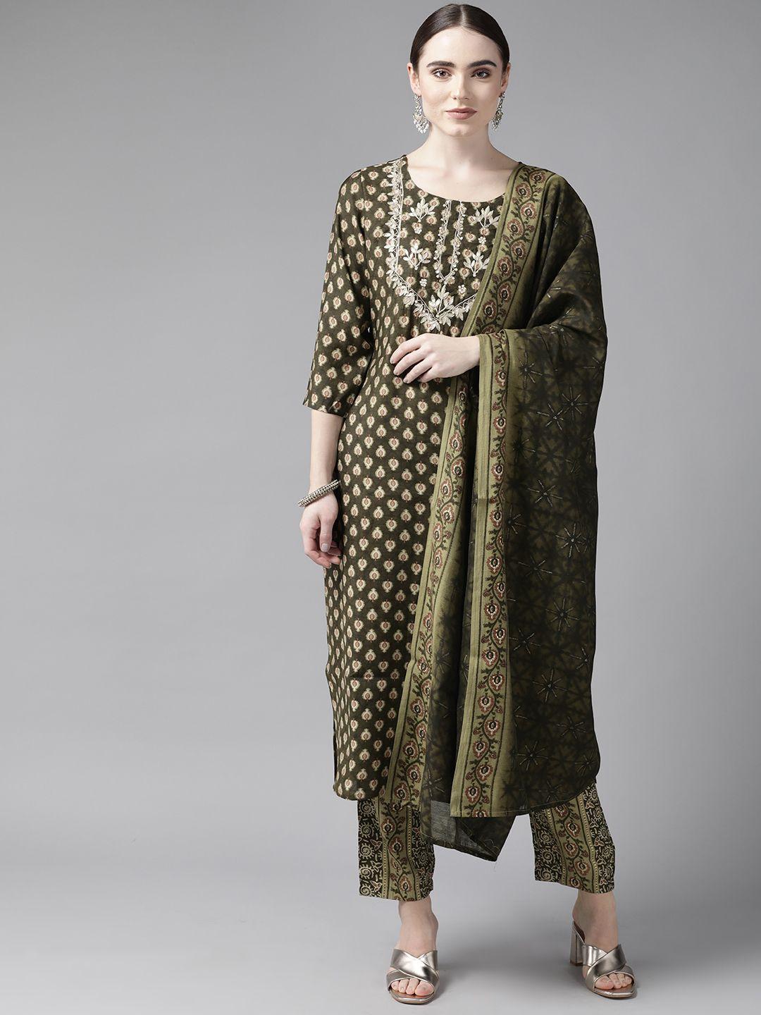 yufta women green ethnic motifs printed gotta patti kurta with trousers & dupatta