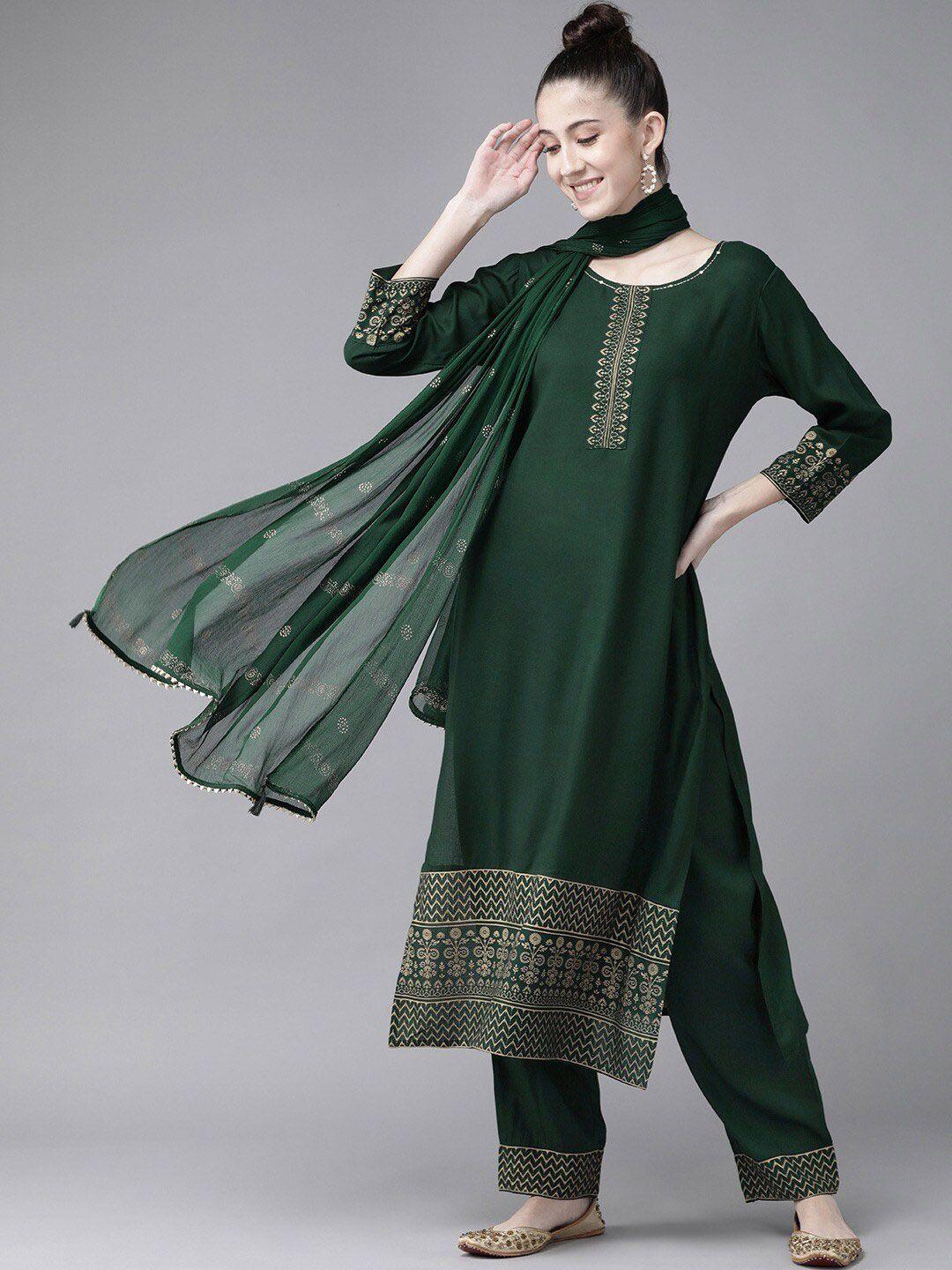 yufta women green ethnic motifs printed kurta with trousers & dupatta