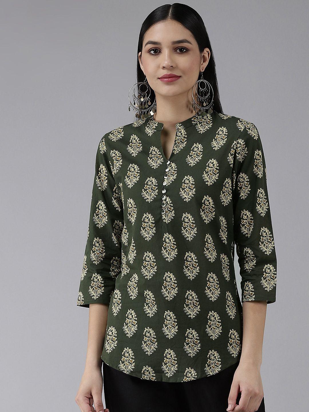 yufta women green ethnic motifs printed mandarin collar top