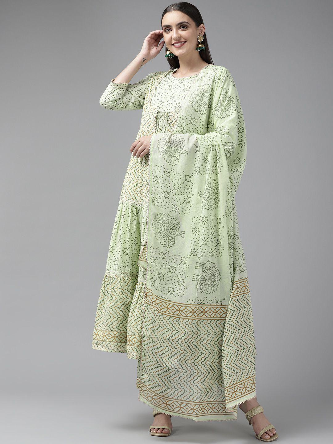 yufta women green ethnic printed tiered kurta with trousers & dupatta