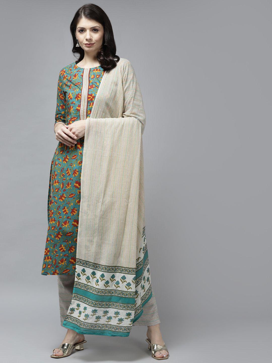 yufta women green floral printed gotta patti pure cotton kurta with palazzos & with dupatta