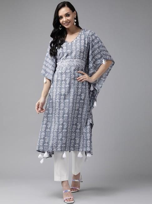 yufta women grey & off white printed kaftan kurta