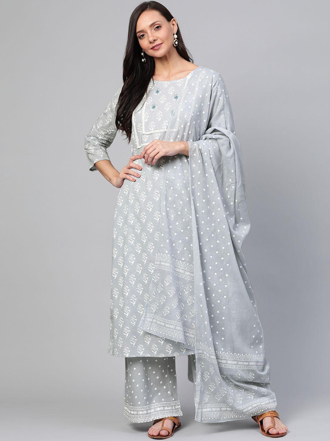 yufta women grey & white printed kurta with palazzos & dupatta