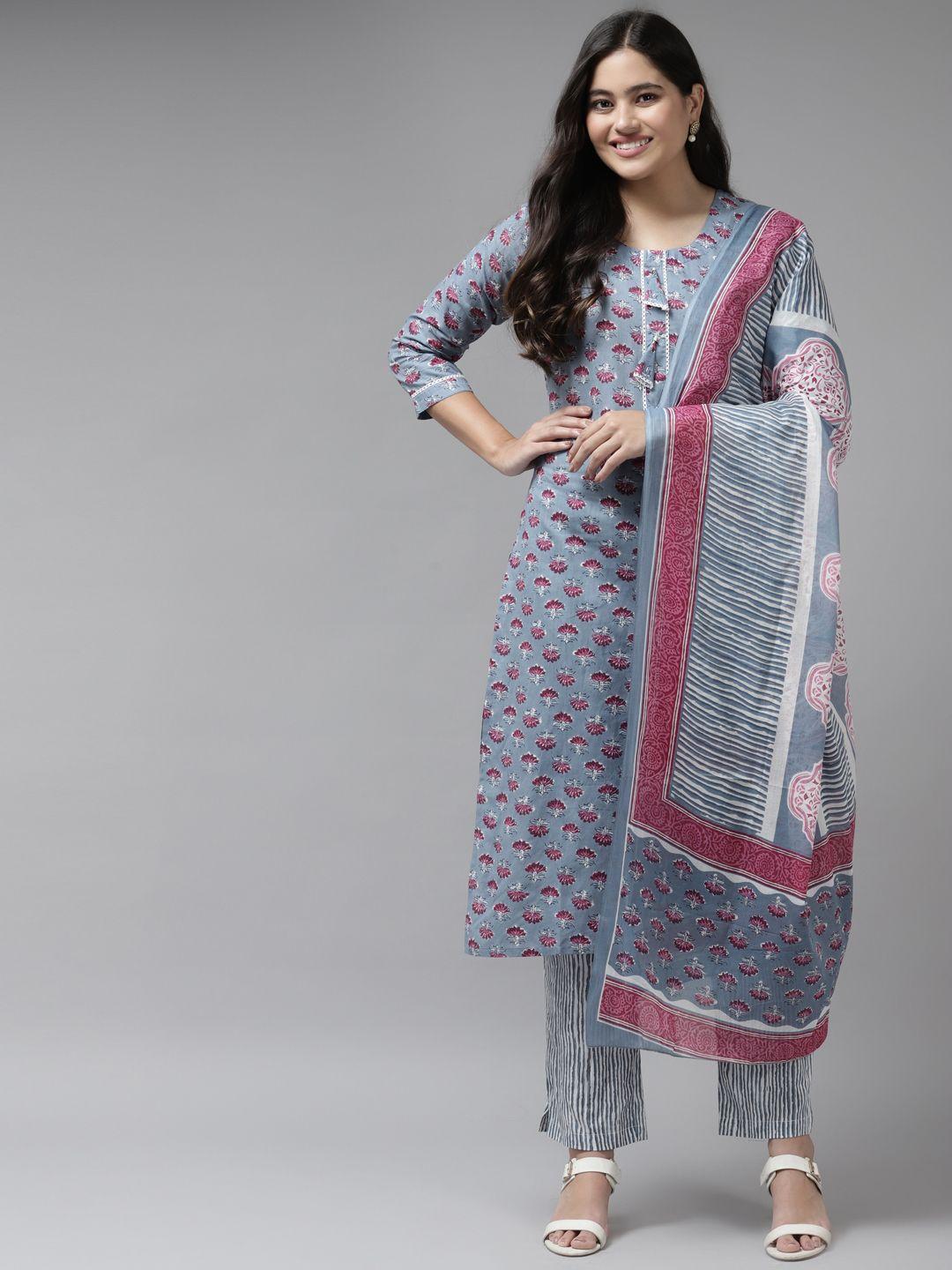 yufta women grey ethnic motifs printed pure cotton kurta with trousers & with dupatta