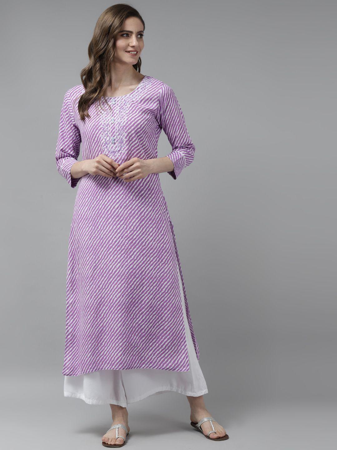 yufta women lavender & off white leheriya print embroidered kurta