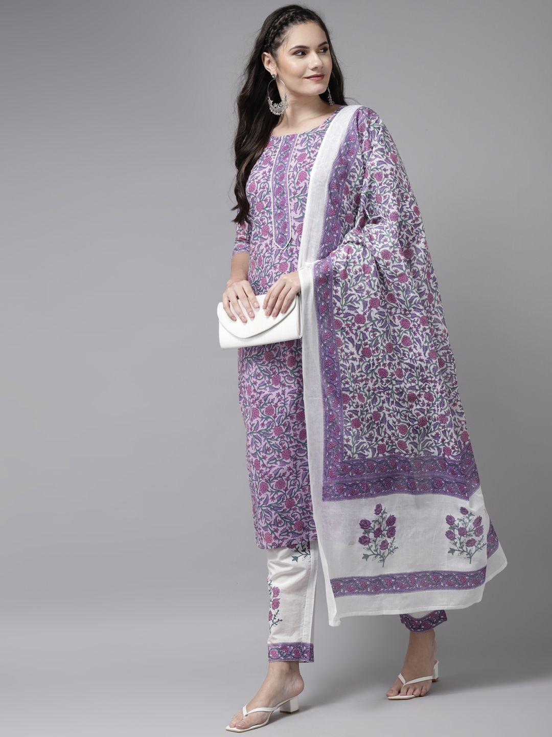 yufta women lavender & white ethnic motifs printed kurta with trousers & dupatta