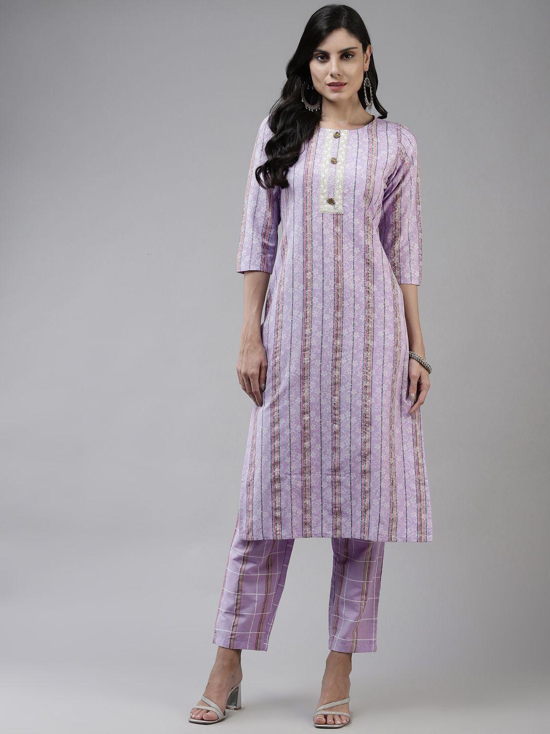 yufta women lavender ethnic motifs printed embroidered pure cotton kurta with trousers