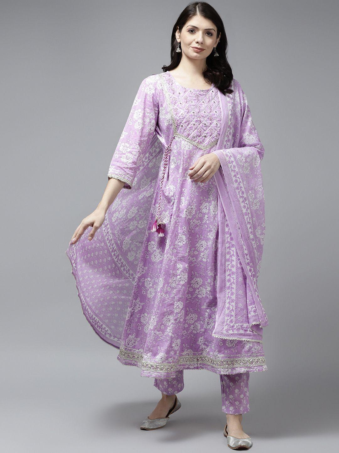 yufta women lavender ethnic motifs printed pleated gotta patti pure cotton kurta with trousers & with