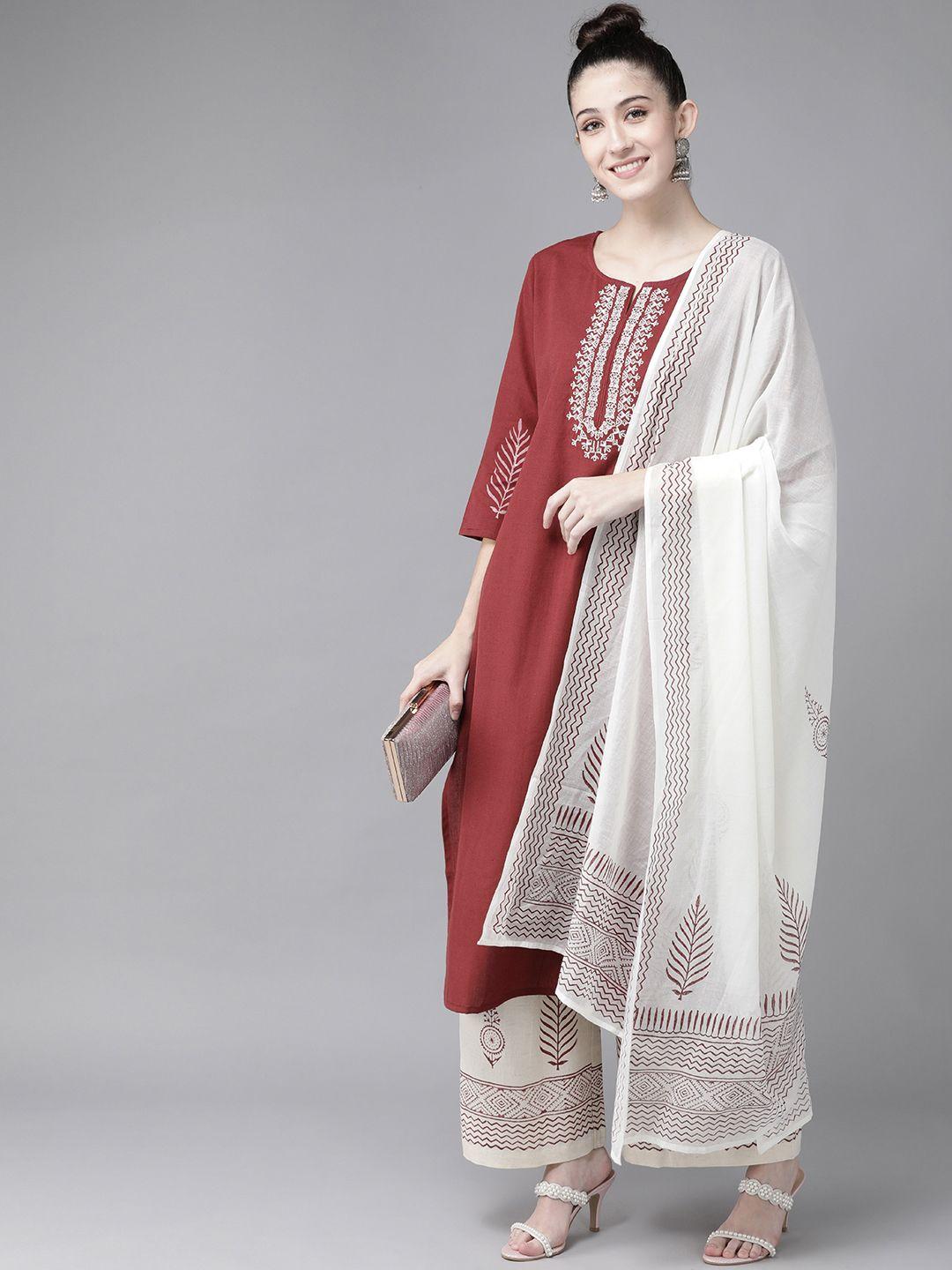 yufta women maroon & off-white yoke design pure cotton kurta with palazzos & with dupatta