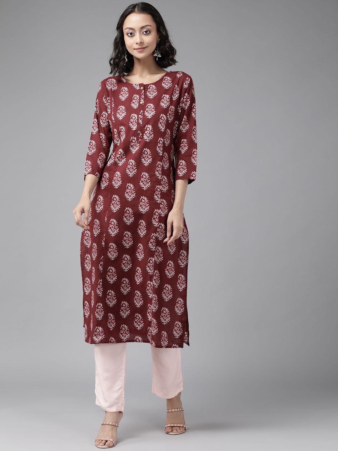 yufta women maroon  & off white ethnic motifs printed pure cotton kurta with palazzos