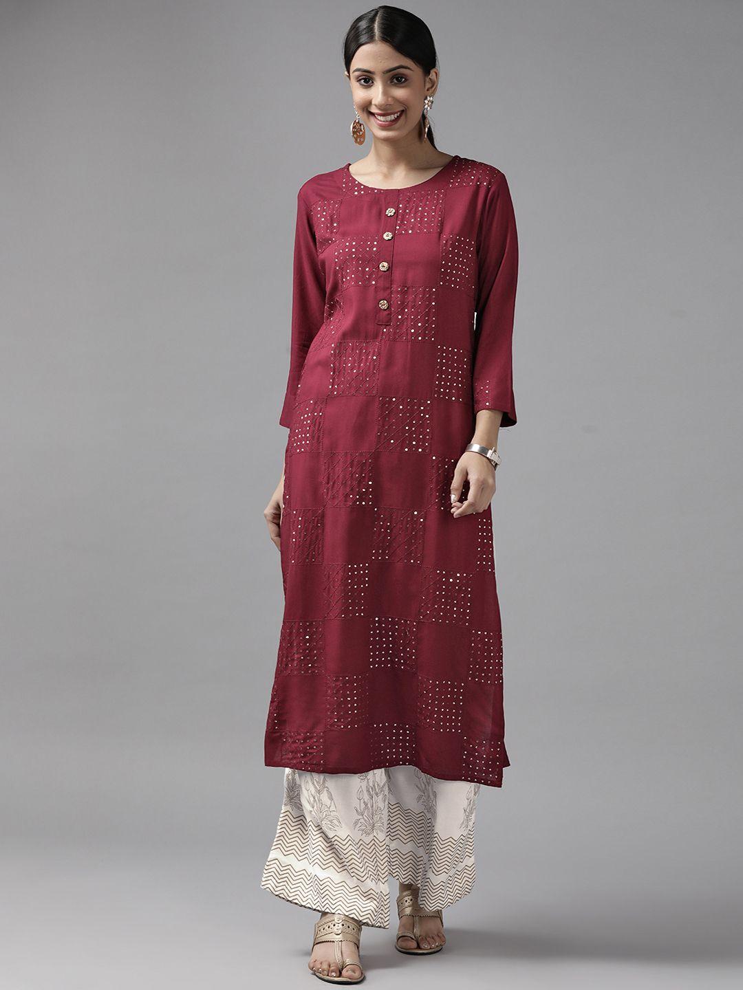 yufta women maroon floral embroidered sequinned kurta with palazzos