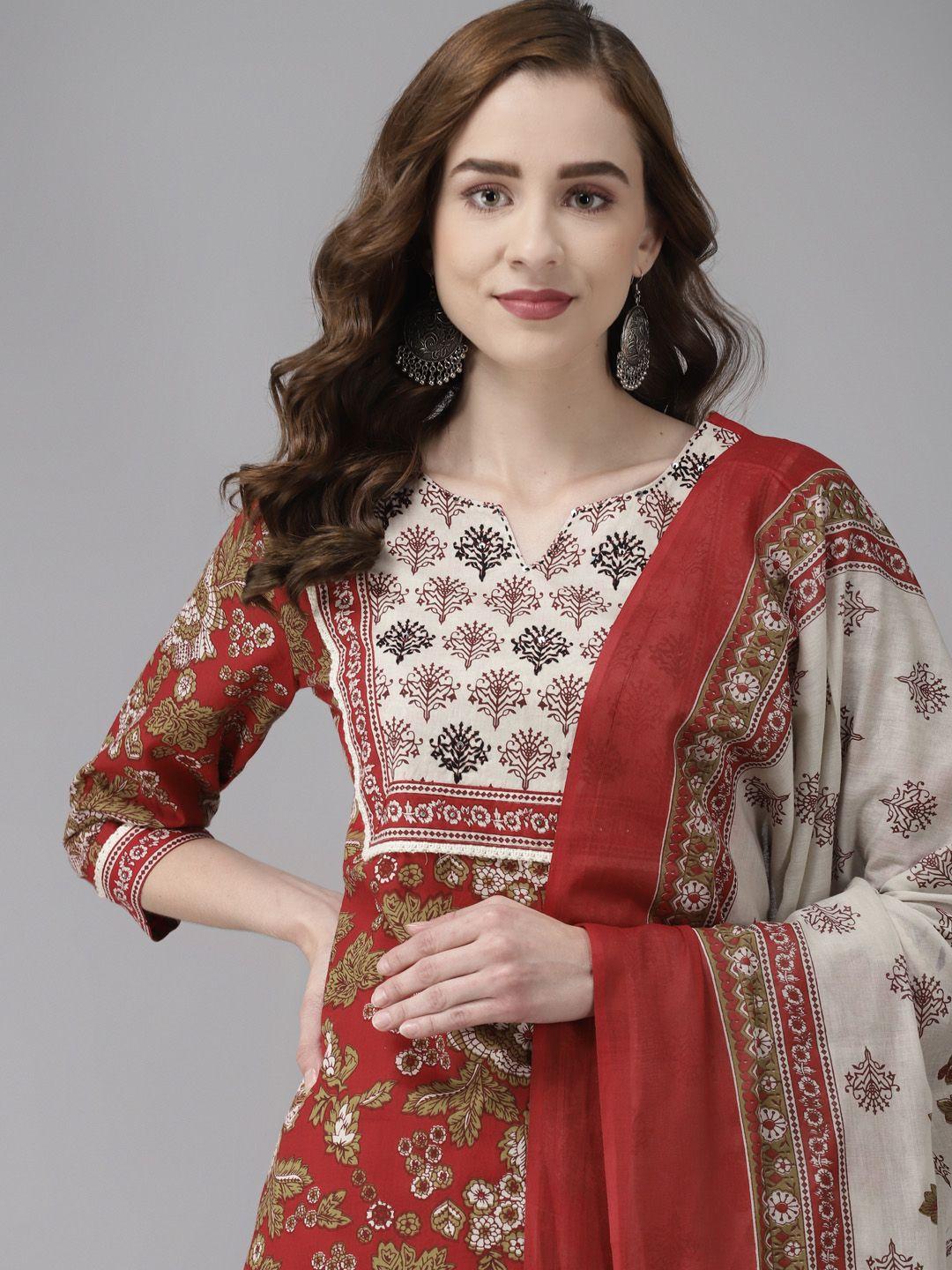 yufta women maroon floral printed regular thread work pure cotton kurta with palazzos & with dupatta