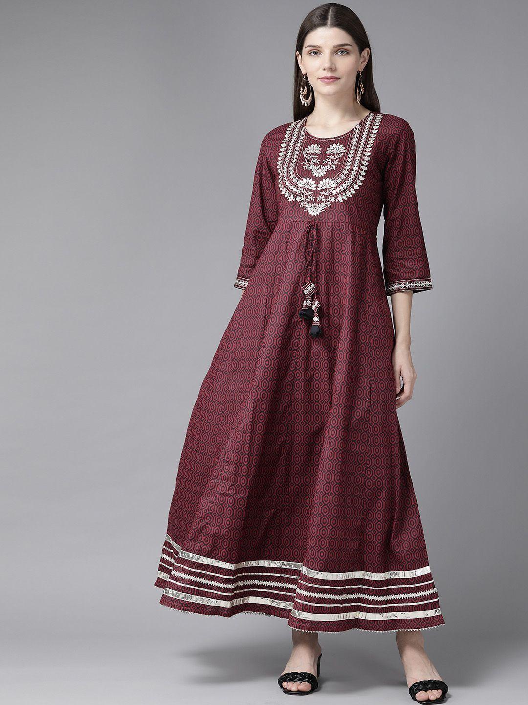 yufta women maroon geometric printed bell sleeves mirror work cotton kurta